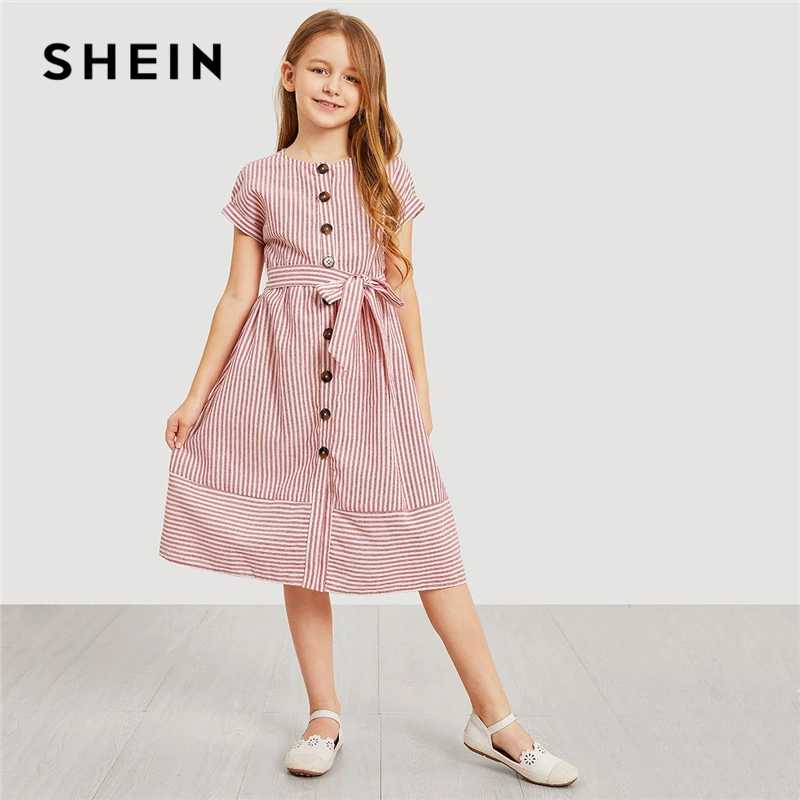 SHEIN/элегантное Полосатое платье-рубашка на пуговицах с поясом; Одежда для девочек; коллекция года; летнее корейское модное повседневное длинное платье для девочек