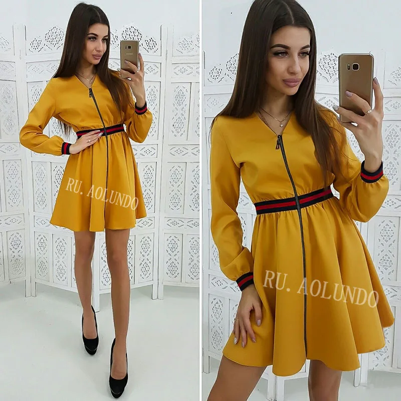 Women 2019 Spring Zipper Webbing Stitching Dress Fashion Contrast Color Striped A-Line Dresses Ladies Long Sleeve Casual | Женская
