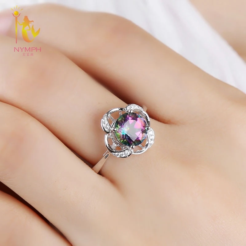 NYMPH Natural Gemstone Rings Fine Jewelry For Women 925 Sterling Silver Fire Mystic Topaz Crystal Rings Wedding Gift T240J