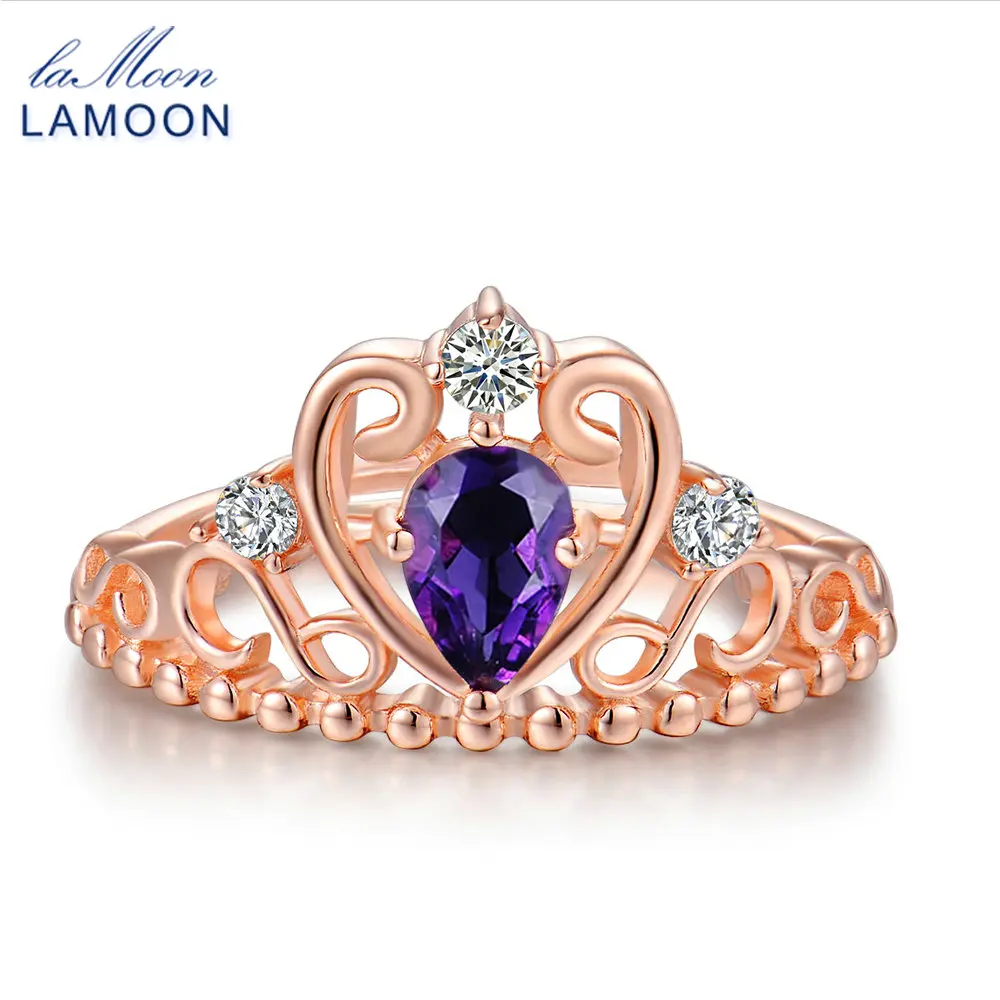 

LAMOON Crown Natural Teardrop Amethyst 925 Sterling Silver Jewelry Wedding Ring with S925 For Women LMRI049
