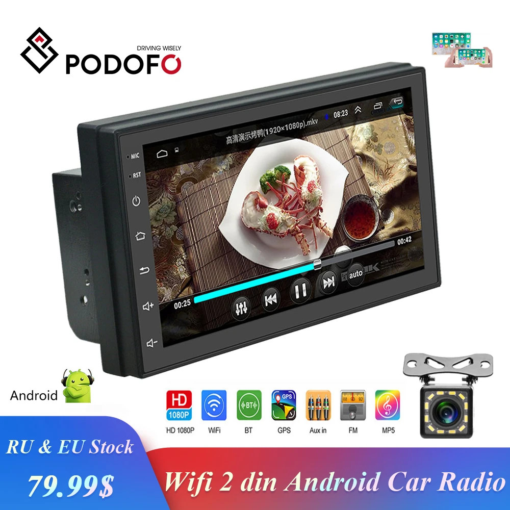 Цена Podofo 2din Автомагнитола Android Универсальная font b GPS b font навигация wifi Bluetooth Сенсорный экран Аудио Стерео FM USB автомобильный мультимедийный MP5 плеер