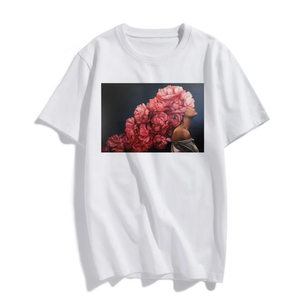 

New Cotton Fashion Tshirt Sexy Woman Pink Flowersl Harajuku Modern Aesthetics Art Print Short Sleeve Tops Tees Casual T Shirt