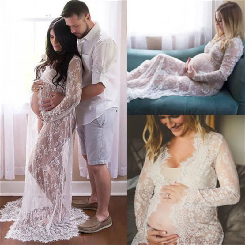 Pregnant Women Long Sleeveless Floral Lace Chiffon Lace-up Maternity Dress for Photo Shoot Photography Streetwear Black White