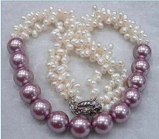 

FREE SHIPPING3 Rows White Pearl & Purple South Sea Shell Pearl 18KWGP Clasp Necklace