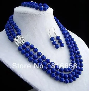 

Free shipping@@3 row 8mm lapis lazuli necklace bracelet earring sets