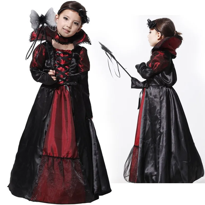 М~ XL вампира девушки Queen prinecess дети Косплэй Детский костюм на Хеллоуин карнавал Кружево длинное платье+ Цепочки и ожерелья костюм