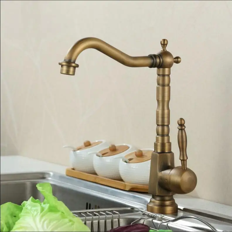 Antique bronze kitchen faucet hot and cold swivel sink crane single lever brass kitchen sink