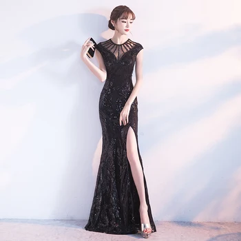 

Sexy BLACK High Split Ladies Floor Length Dress Slim Vestidos Sequins Noble Prom Party Gowns Short Sleeve Evening Dresses