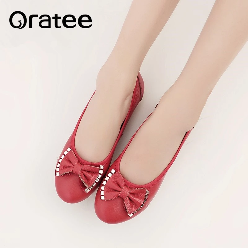 

New Genuine leather shoes women solid slip on boat shoes Butterfly-knot Mother Nurse flats shoes loafers femme Plus Size 34-41