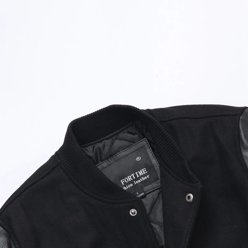 Стеганая университетская куртка для мужчин с кожаными рукавами, шерстяная бейсбольная куртка черного цвета