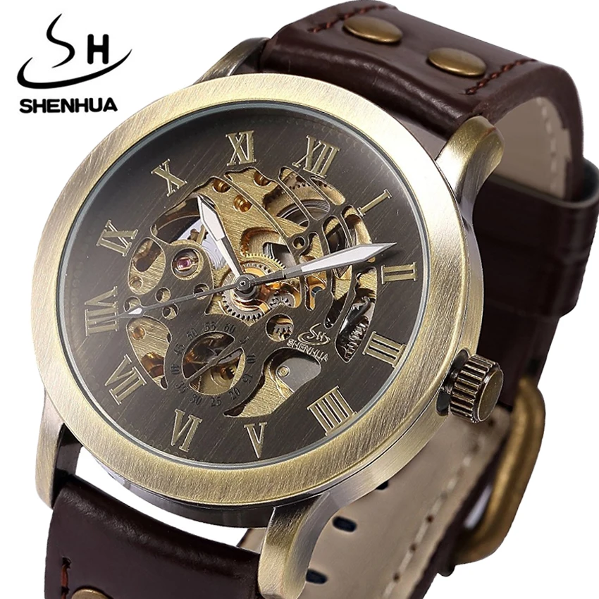 Mechanical Watches Men Steampunk Automatic Retro Leather Analog Skeleton Bronze Male Wristwatches gifts Relogio Masculino 2020