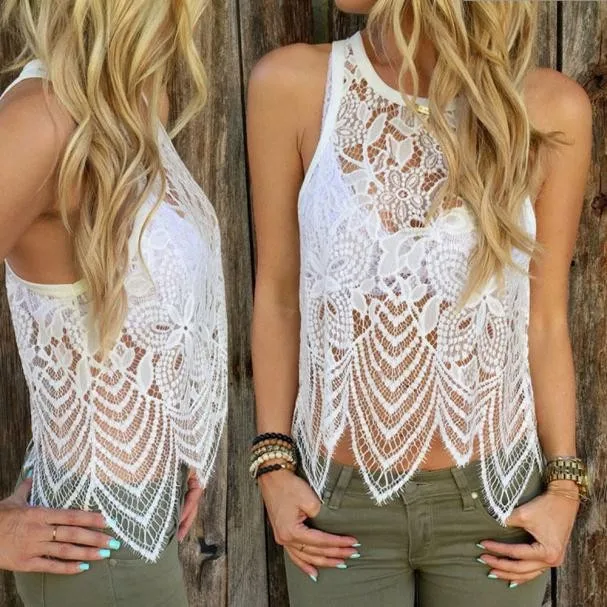 

Summer Women Sexy Lace Crochet Vest Tank Top Casual Sleeveless Blouse Round Collar Hollow Out White Vest Caraco Dentelle #G