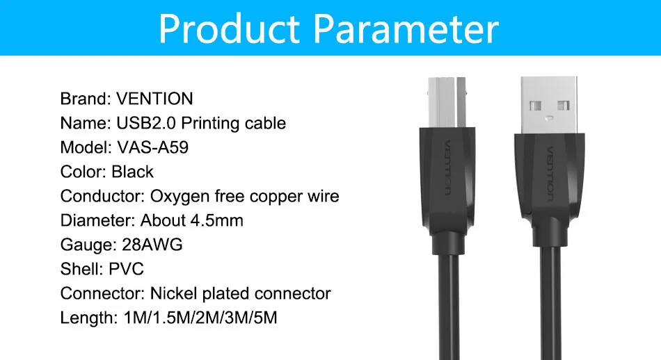 Vention бренд высокоскоростной USB 2,0 type A to B Мужской Сканер Кабель для принтера синхронизации данных зарядный шнур 1 м 1,5 м 2 м 3 м 5 м