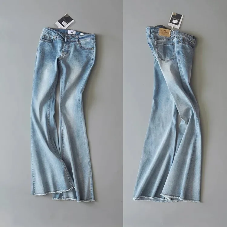Calças de Brim para Mulheres 2020 do Vintage de Cintura Baixa Incendiar Elásticas Estilo Retro Fundo Sino Magro Calça Jeans Feminina Azul Escuro Denim Perna Larga Calças 25 Moda Feminina