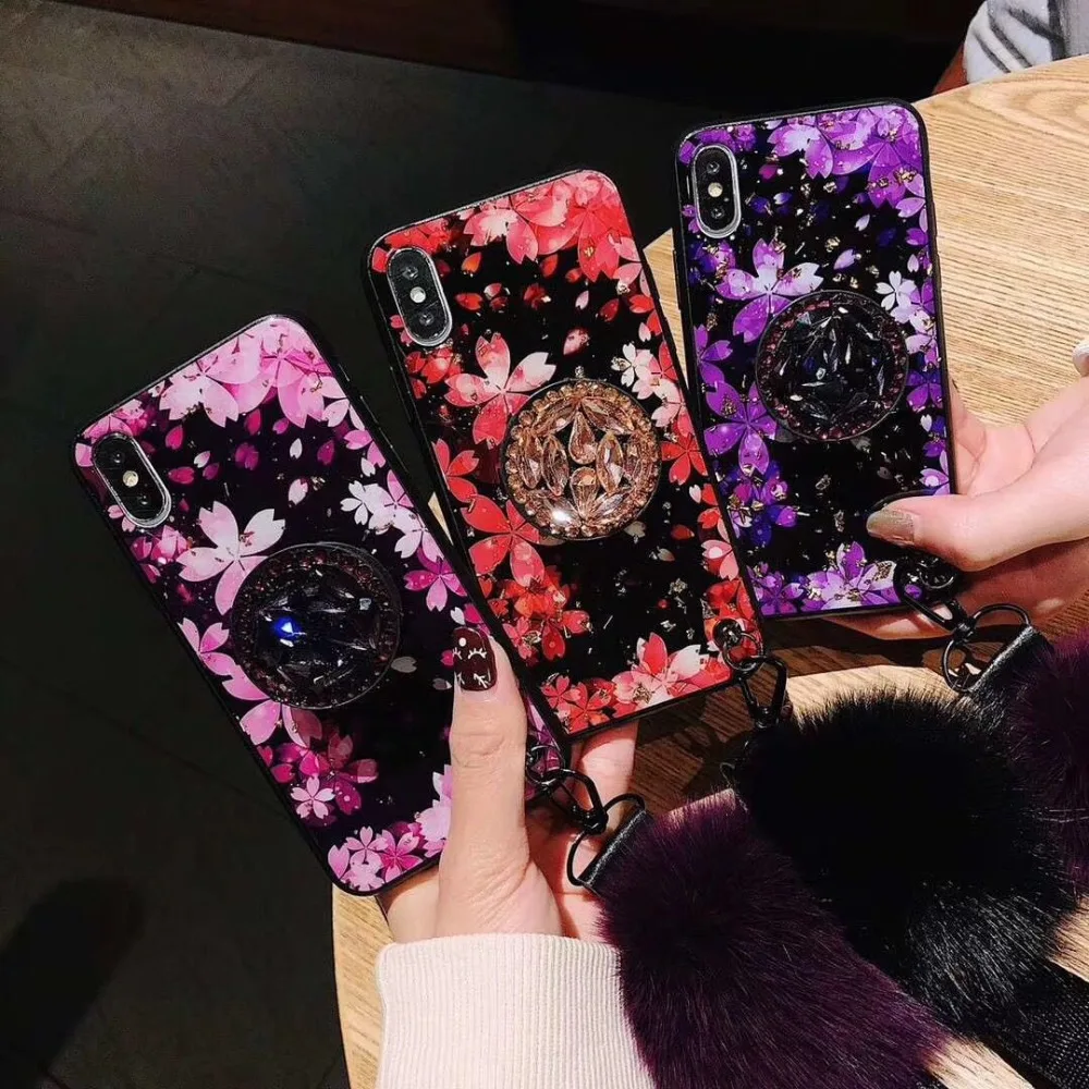 

Fashion Pink Cherry Blossom Shiny Gold 3D Diamond Round Bracket Lanyard cover case for iphone MAX XS XR 6 7 8 plus X phone cases