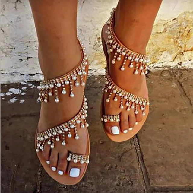 TINGHON Summer Women Shoes Sandals Rhinestone Pearl Beads Thong Flat ...