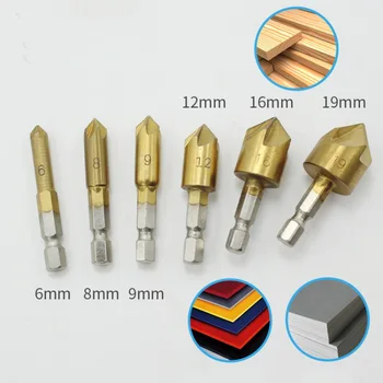 

Hex Shank Titanium Plated High Carbon Steel Woodworking Tools 90 Degree Countersink Drill Bit Set 5-Flute Chamfering Cutter