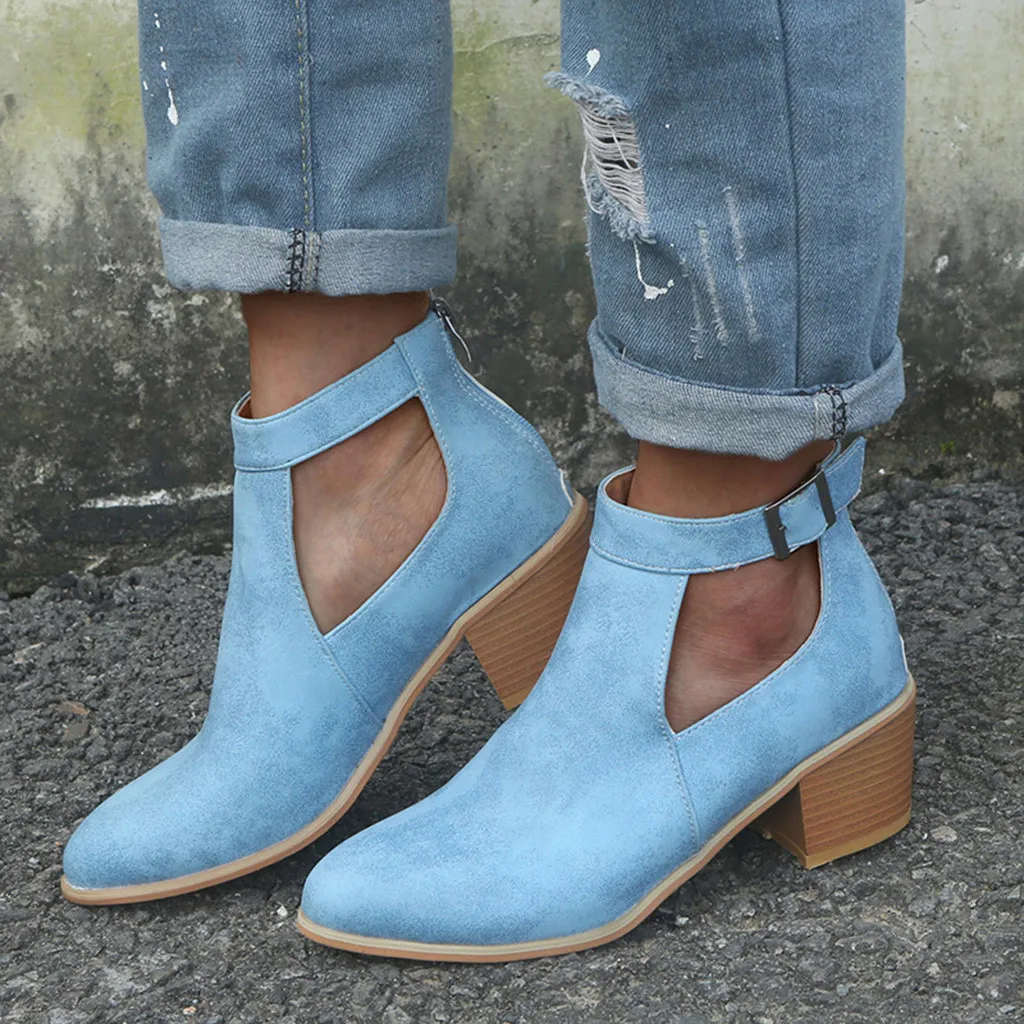 

Women's Winter Boots Fashion Rome Snow Boot Retro Solid Boot Big Size Ankle Shoes Back Zipper Hollow Out Pointed Toe High Heel