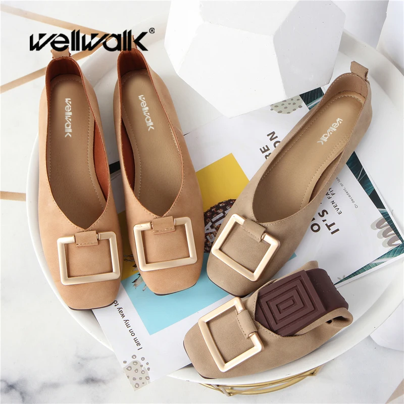 

Wellwalk Ladies Flat Shoes Women Summer Foldable Moccasins Square Toe Ballerinas Female Buckle Ballet Flats Leather PU Loafers