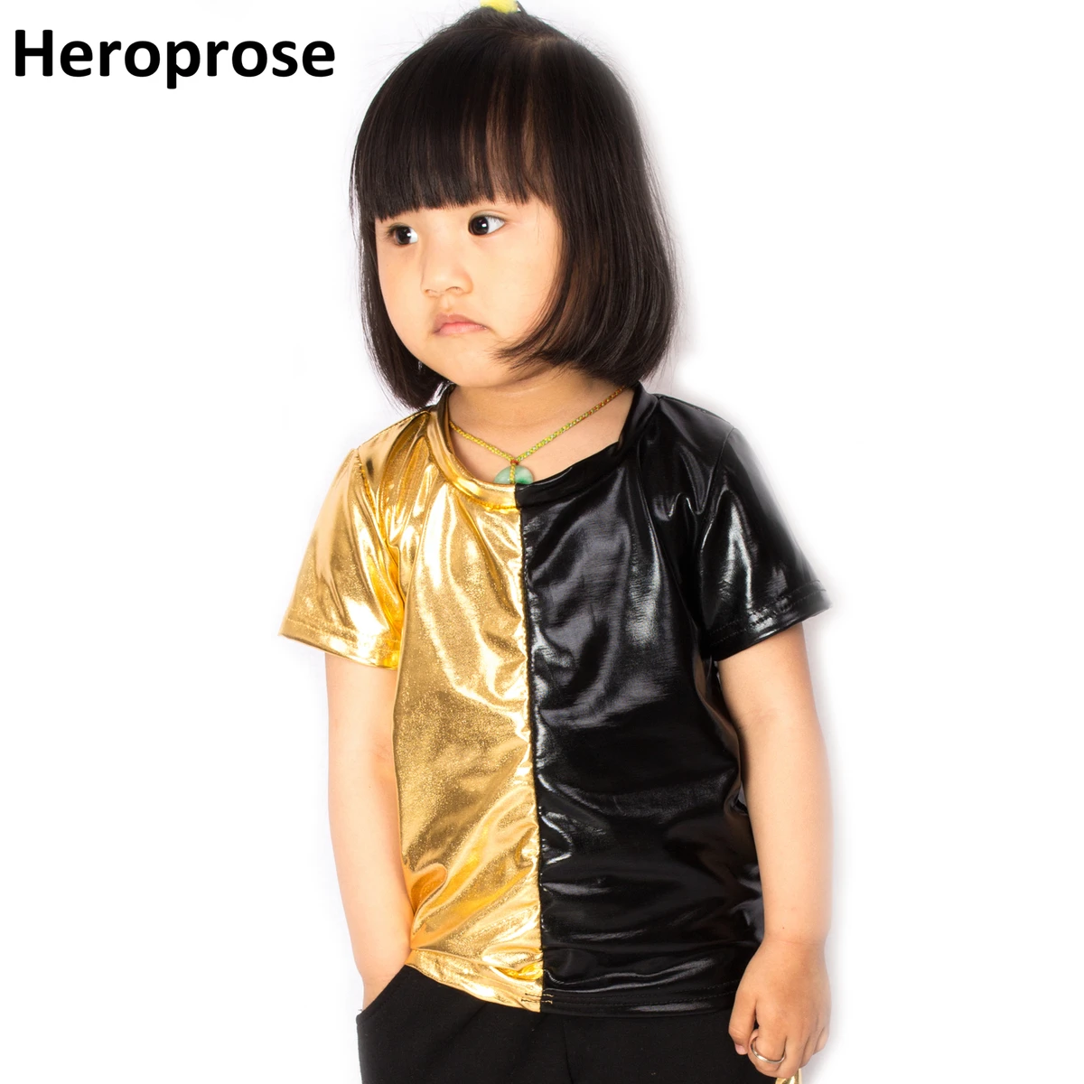 

Spring Summer Kids Black Gold/ Black Silver bomber T shirt Stage Performance Wear Feminina Casaco Hip Hop Dance Top