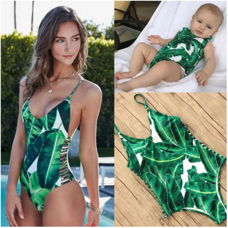

2019 Summer Printing Green Leaf Swimwear Mother and Daughter Matching One Piece Swimsuit Bodysuit Outfit Bikinis Beach Wear