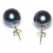 AAA 9-10 мм черный круглый подлинный морской воды Tahitian жемчужные серьги с 14 K твердые золотые серьги