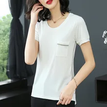 Европа Новинка летняя Женская высокая уличная мода Свободный сплит карман О образным вырезом короткий рукав Футболка Топы Женская Повседневная футболка из модала