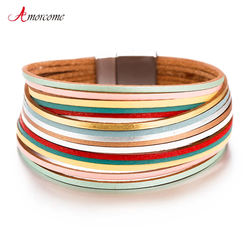 

Amorcome Multi Layered Leather Bracelet Women Jewelry 2019 Fashion Mix Color Ladies Wide Wrap Bangles Bracelets