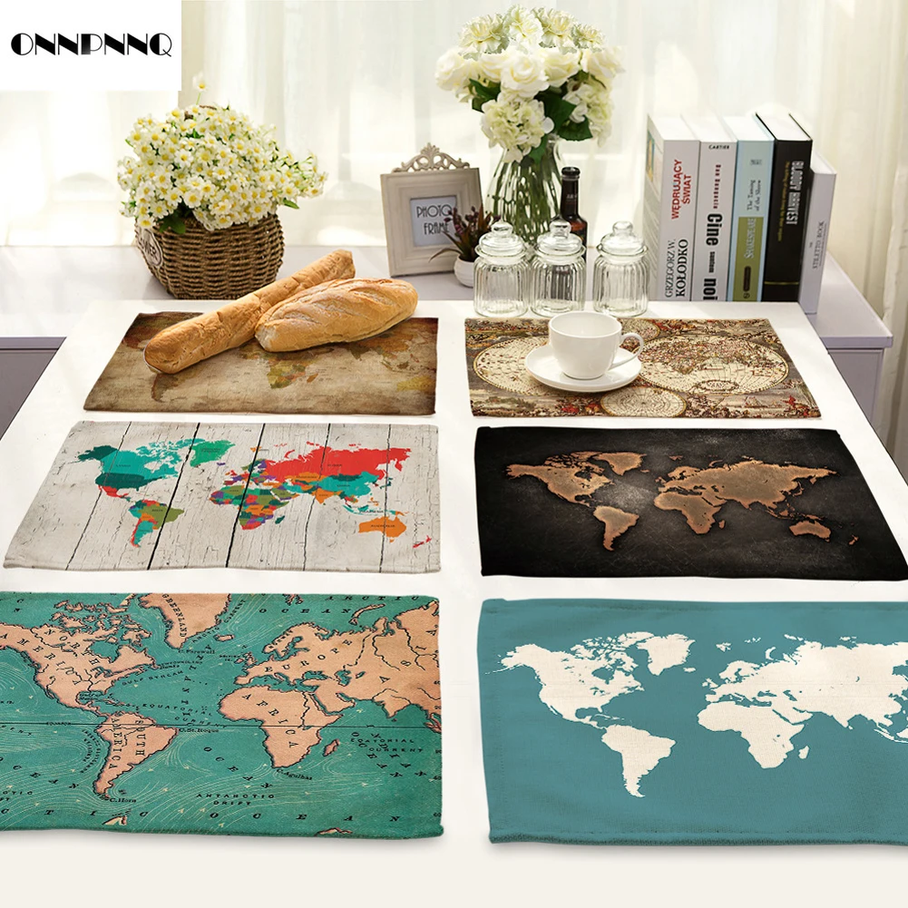 ONNPNNQ 1pc World Map Printed Table Napkins Party Cloth Polyester