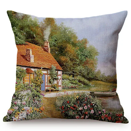 Beautiful Countryside Scenery Happy Cottage Childhood Memory Oil Painting Home Decor Throw Pillow Case Sofa Chair Cushion Cover K120-2