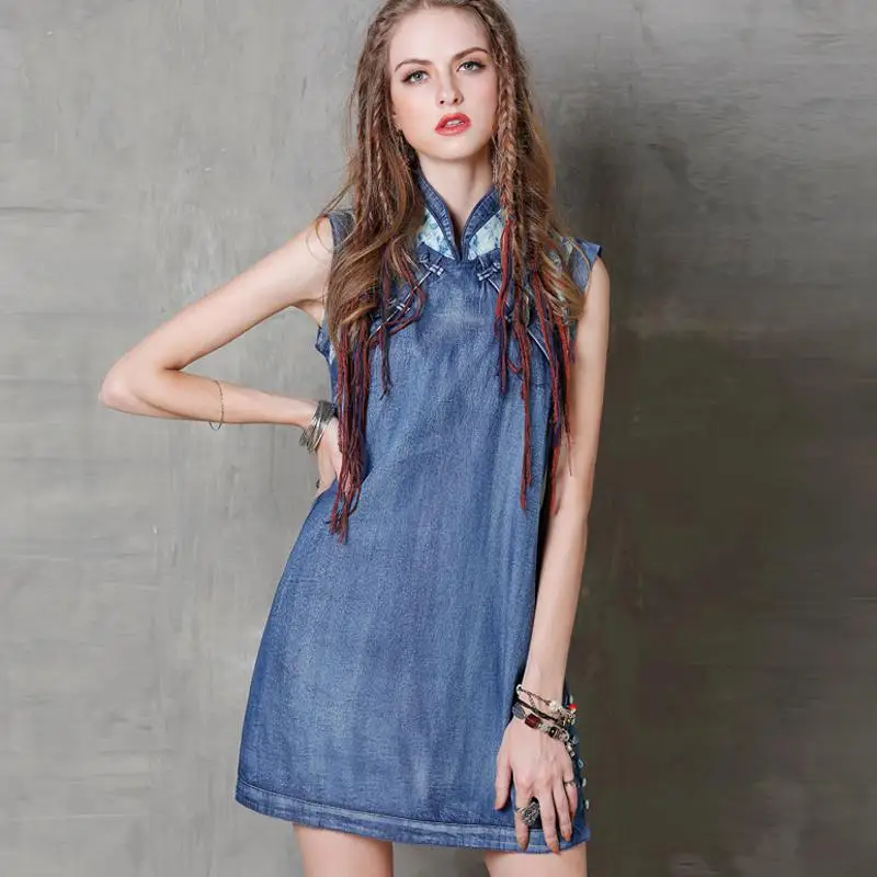 Летний стиль женское платье джинсовые платья Yuzi. Может Boho сарафан мыть лоскутное Cheogsam Vestido A8126 Vestidos Feminino - Цвет: Denim