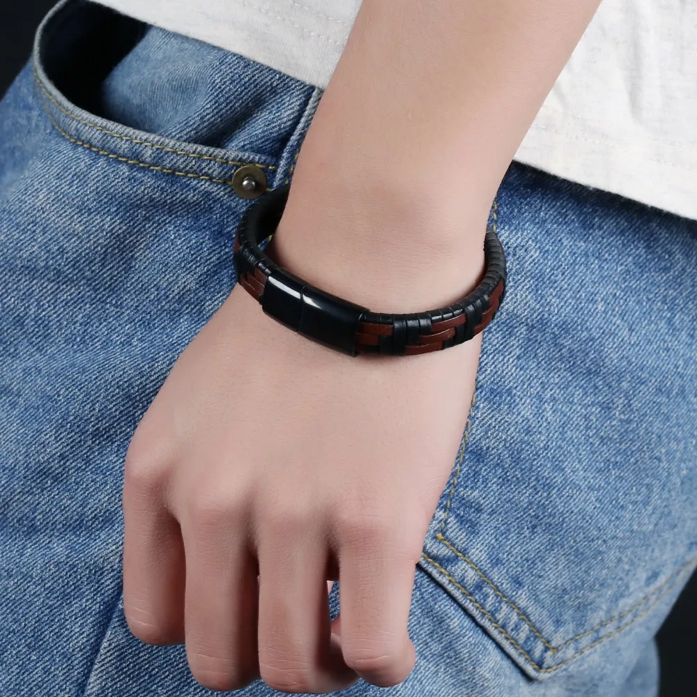 FATE LOVE Brand Men Genuine Leather wrap bracelet Black Statement bangles charm punk Fashion Jewelry 2017 new arrival