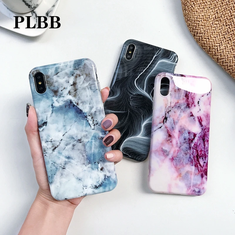 

PLBB Luxury Purple Black Marble Stones Glossy Soft TPU Phone Back Coque Case for iPhone 6 6S 7 8 Plus X 10 XS MAX XR Capa Cover
