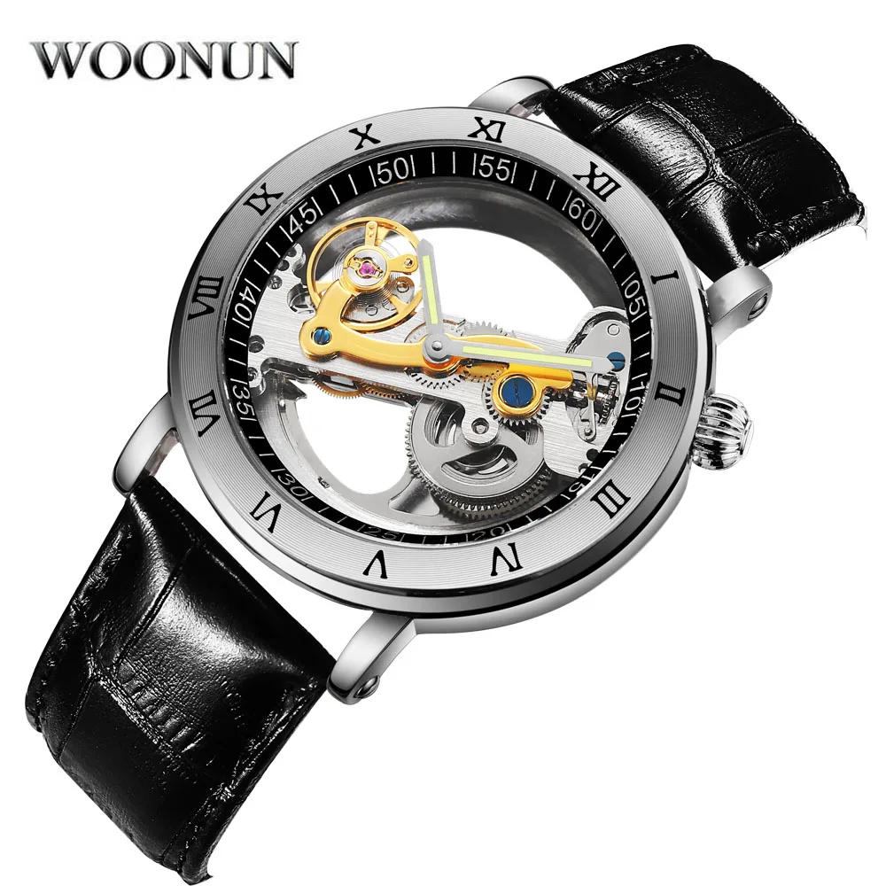 luxury mechanical watch cheap Luxury Brand WOONUN Leather Strap Transparent Dial Golden Case Mens Watches Automatic Mechanical Orologio Men mechanical watch movement