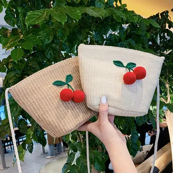 

Summer Beach torebki damskie Women's Fashion Cherry Accessories Solid Color Messenger Bag Woven Bag Portable Solid Zipper #C