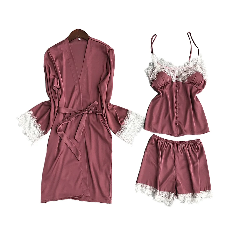 

Lisacmvpnel 3 Pcs Ice Silk Robe Set Lace Sexy Bathrobe Spaghetti Strap With Chest Pad Nightdress+Robe+Shorts Pyjama For Women