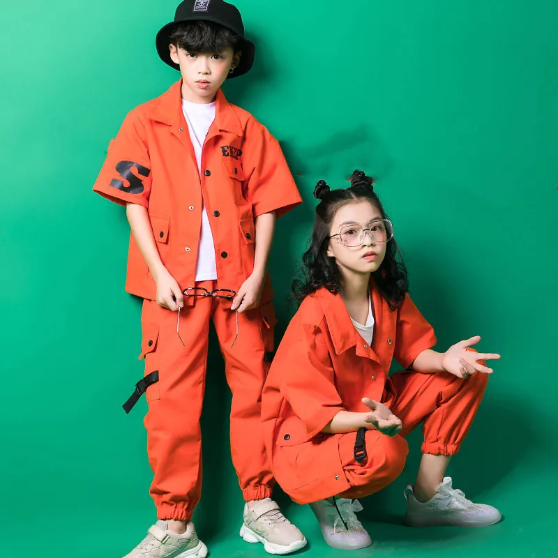 Three-piece Suit Hip Hop Clothing Kids Orange Coat Long Sleeve T-Shirt Clothes Boys Girls Jazz Street Dance Costumes Clothes (7)