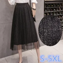 Для женщин мода длинные плиссированные юбки в Корейском стиле Высокая Талия юбки юбка в сеточку S-3XL, 4XL 5XL Большие размеры Для женщин одежда(74033