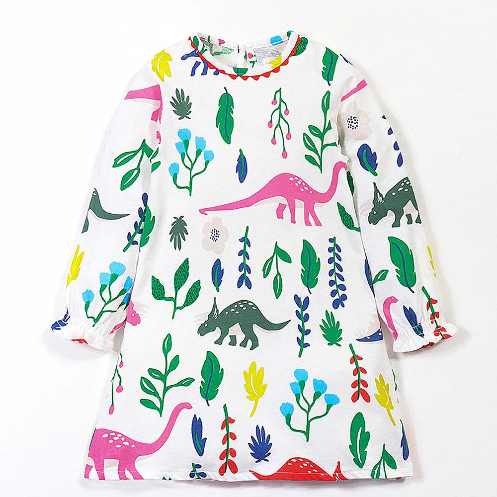 Girl Dinosaurs Floral Printed Full Sleeve Cotton Children Clothing