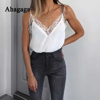 

2020 Spring Summer Sexy Lace Camis Women Tops Fashion Solid White Black Patchwork Sexy V-neck Women Camis Blusas Female Tops