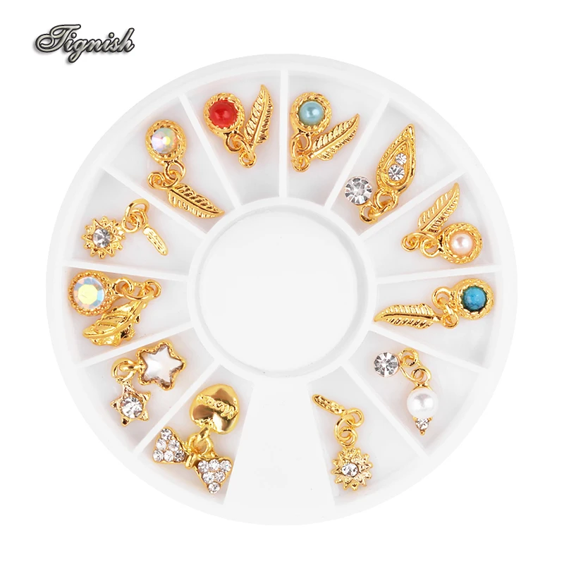 

Tignish 1Wheel Mix Nail Golden Tassel Pendant Leaf Feather Metal Alloy Rhinestones Decoration Sticker UV Gel Polish DIY Tools