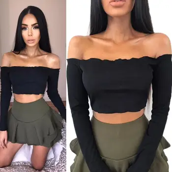 

Neck Autumn Solid Top Blouse Long Sleeve Crop Tops Sexy Women Casual Off Shoulder Blouse Slash