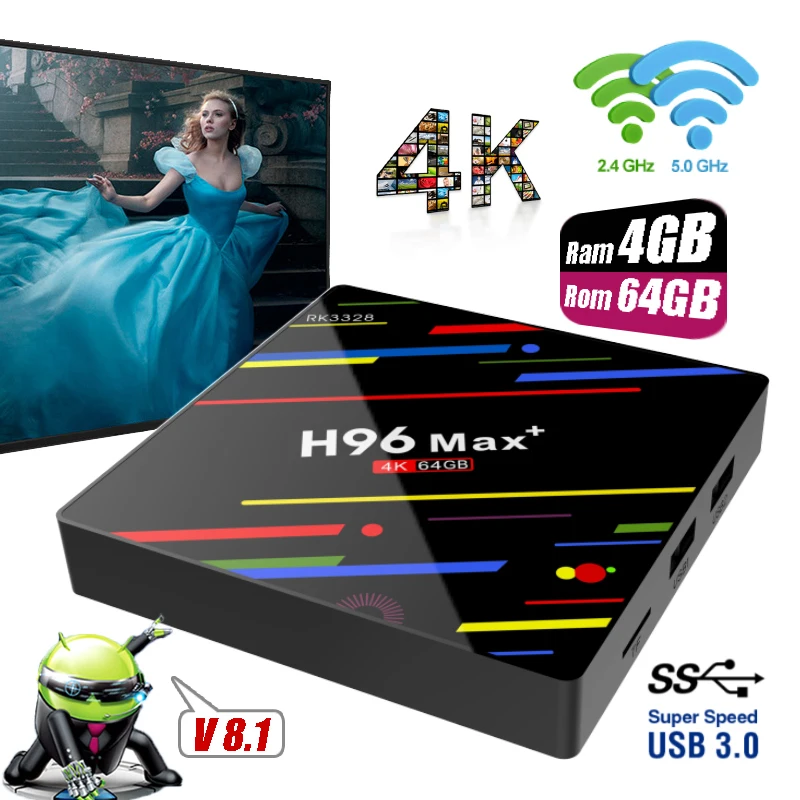 

H96 Max + Plus Ram 4GB Rom 64GB 32GB Android 8.1 Smart TV Boxes Dual Wifi USB 3.0 Set-top Box 4K Ultra HD H.265 Media Player STB