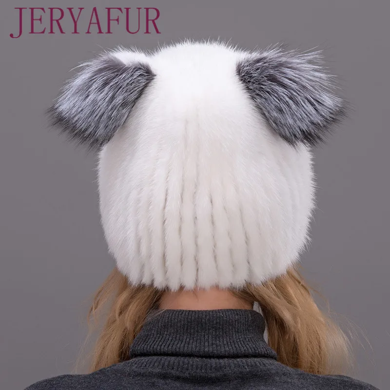 JERYAFUR Winter Women's Mink Hat Vertical Weaving Hat Genuine Natural Fox Mink Fur Cap Lovely Cat Ears Style Hats 4
