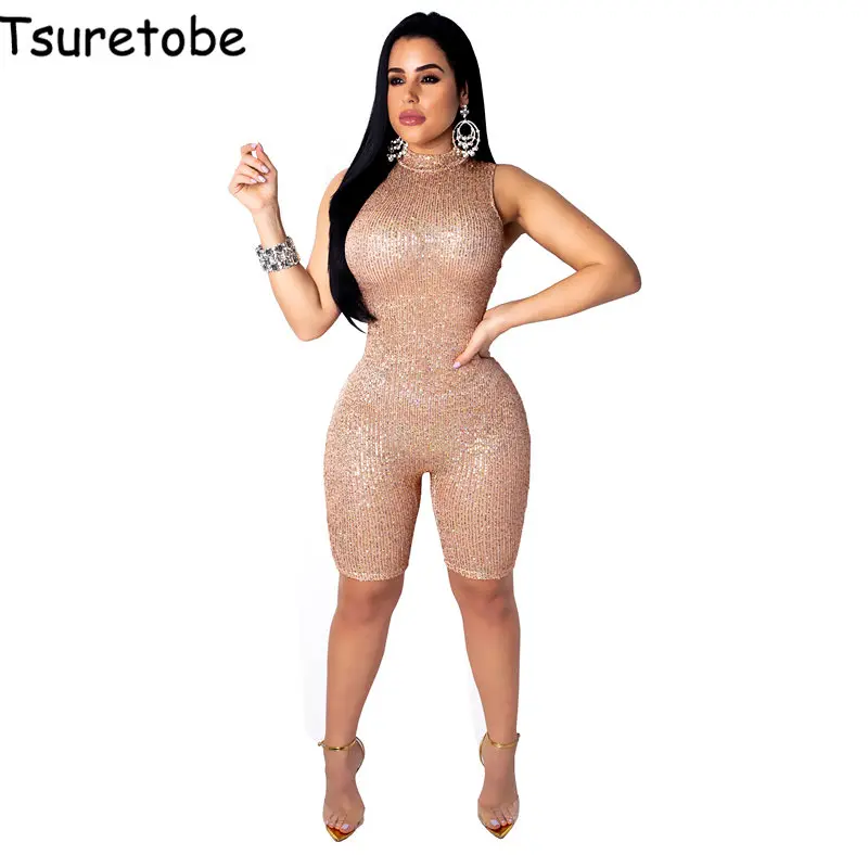 

Tsuretobe Sexy Sequin Playsuit Women Fashion Sleeveless Bodycon Club Jumpsuit Female Summer Elegant Casual Short Jumpsuit Slim