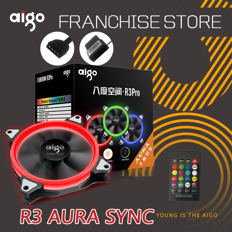 

Aigo R3pro RGB Case Fan 4P-12v aura sync fans Quiet IR Remote computer Cooler Cooling fan computer desktop12cm fan