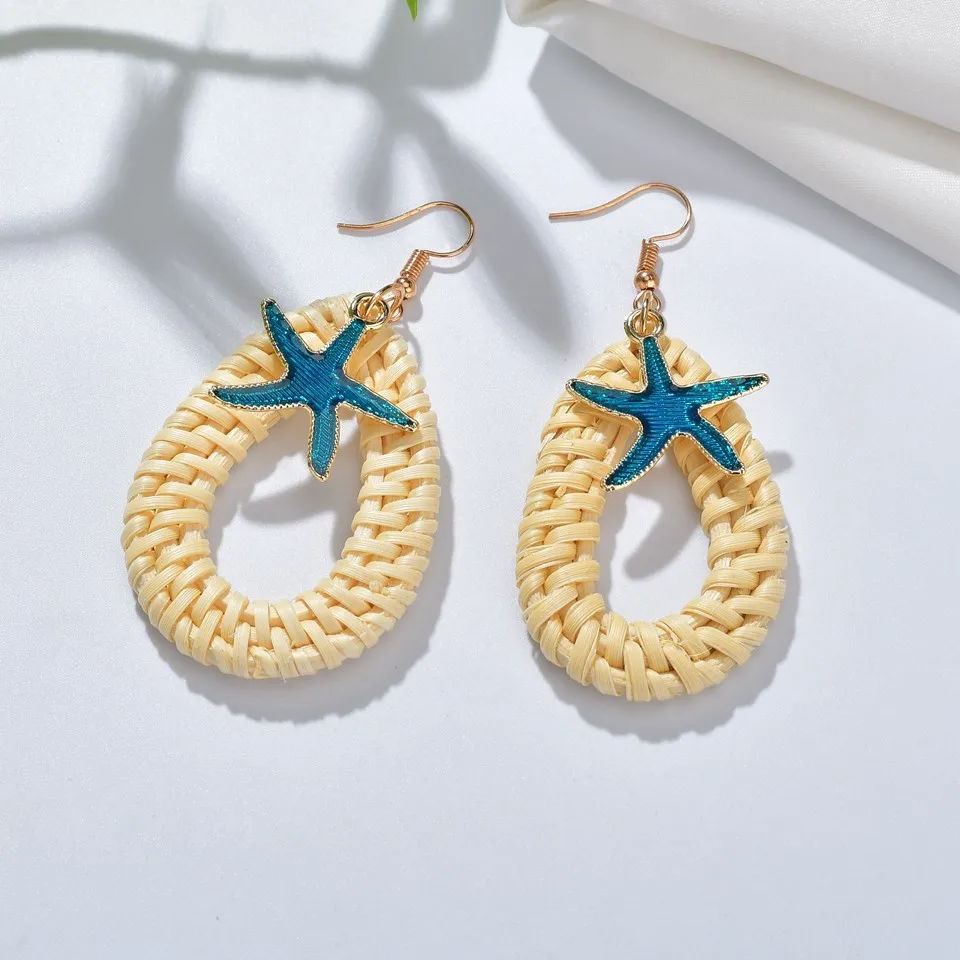 

New Bohemia Shell Geometric Rattan Straw Weave Knit Vine Dangle Earrings For Women Handmade Round Drop Earring Jewelry Party