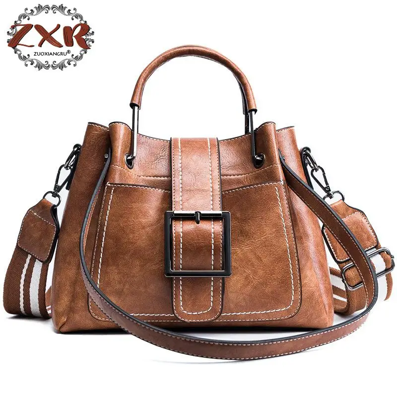 

Vintage Designer Bucket Bag for Women Wide Strap Shoulder Bag Scrub PU Leather Handbag Large Capacity Crossbody Bags