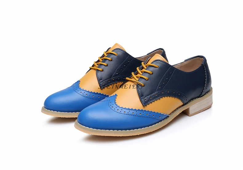 Натуральная кожа; женские большие НАМ 9,5 дизайнер Ретро повседневная обувь на плоской подошве с круглым носком Ручной работы синий желтый женские туфли-оксфорды меха
