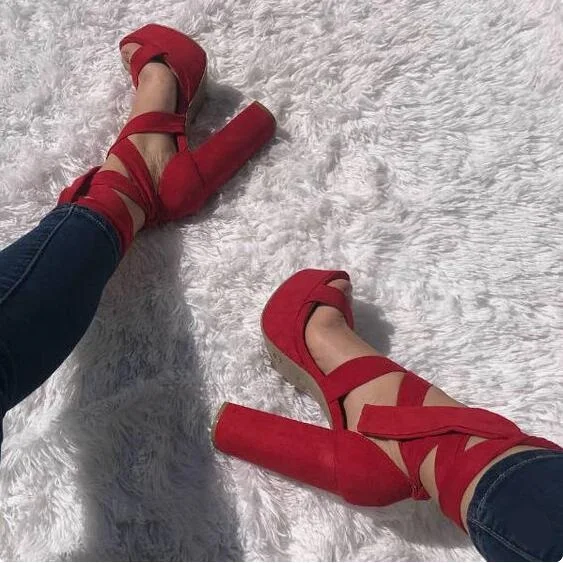 

New Arrivals Red Suede Lace-up Square Heel Sandals Peep Toe High Platform Cross Strap Ladies Dress Shoes Cut-out Gladiator Shoes